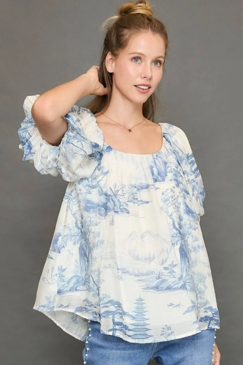 Umgee Full Size Two Tone Toile Print Top Plus Size Light Blue