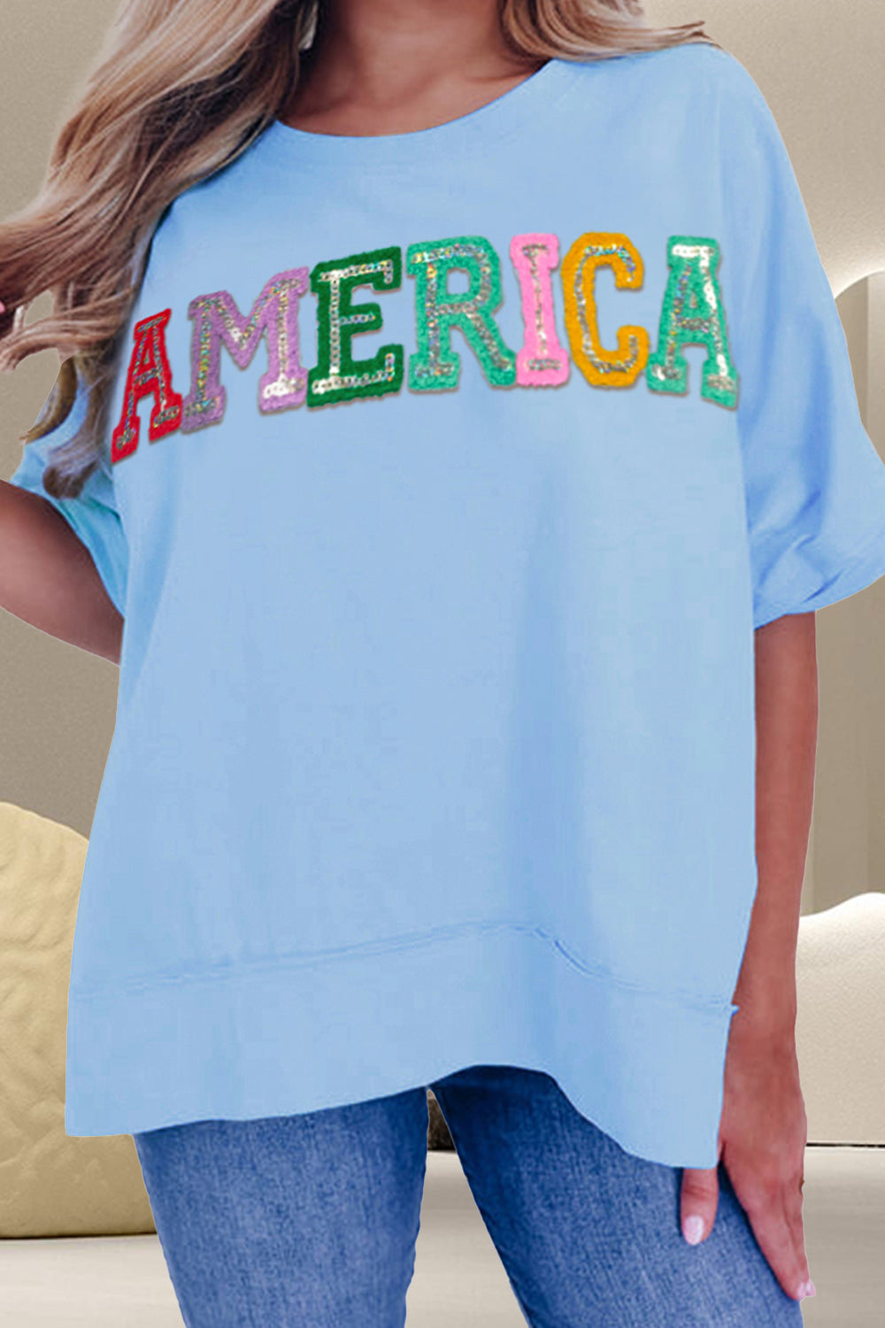AMERICA Sequin Round Neck Half Sleeve T-Shirt Light Blue
