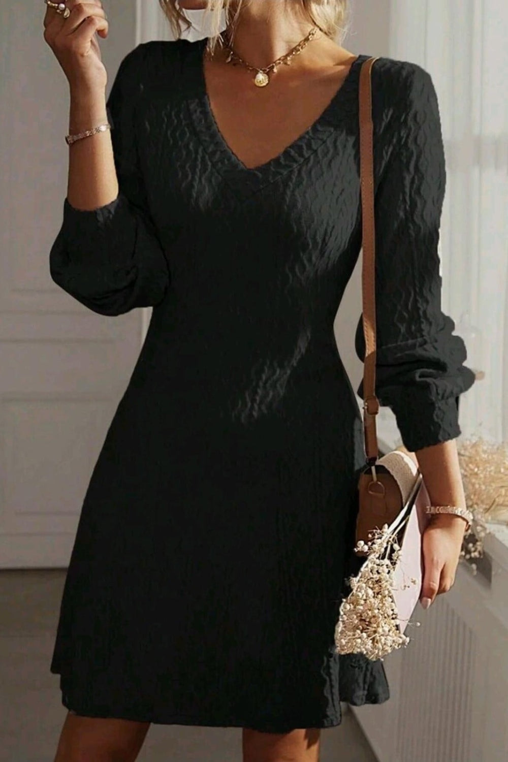 Texture V-Neck Long Sleeve Dress Black