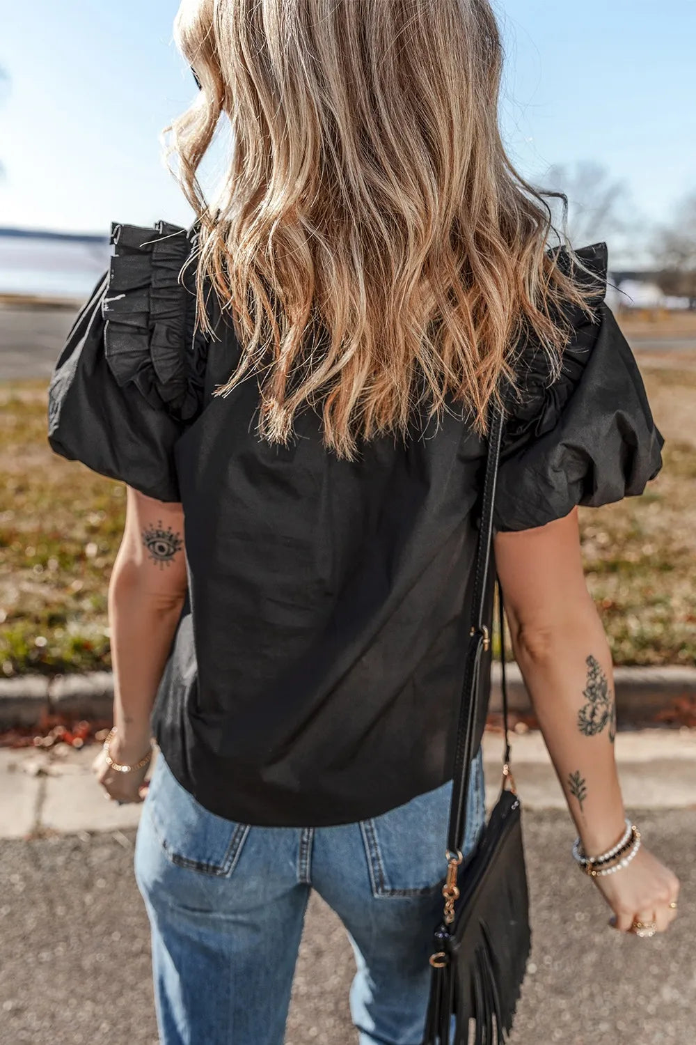 Ruffled Puff Short Sleeve Loose Blouse