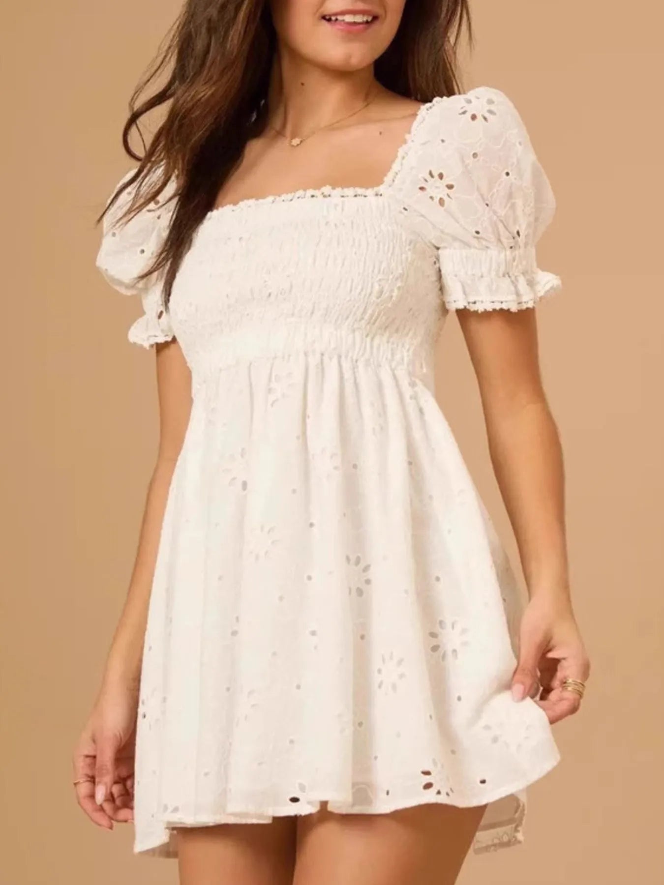 Eyelet Puff Sleeve Smocked Mini Dress White