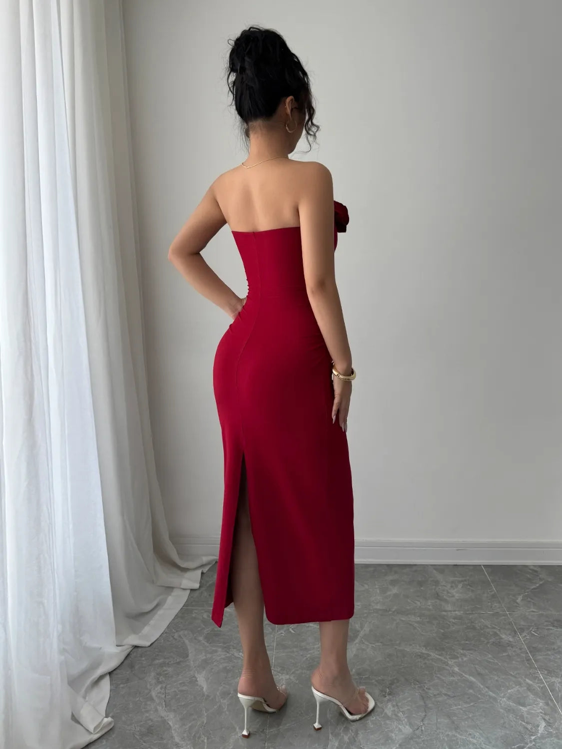 Slit Back Flower Tube Midi Dress