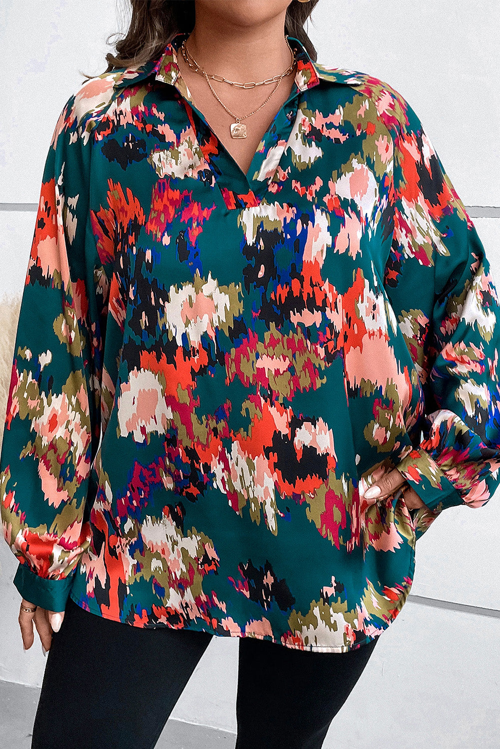 Plus Size Printed Johnny Collar Long Sleeve Blouse Deep Teal