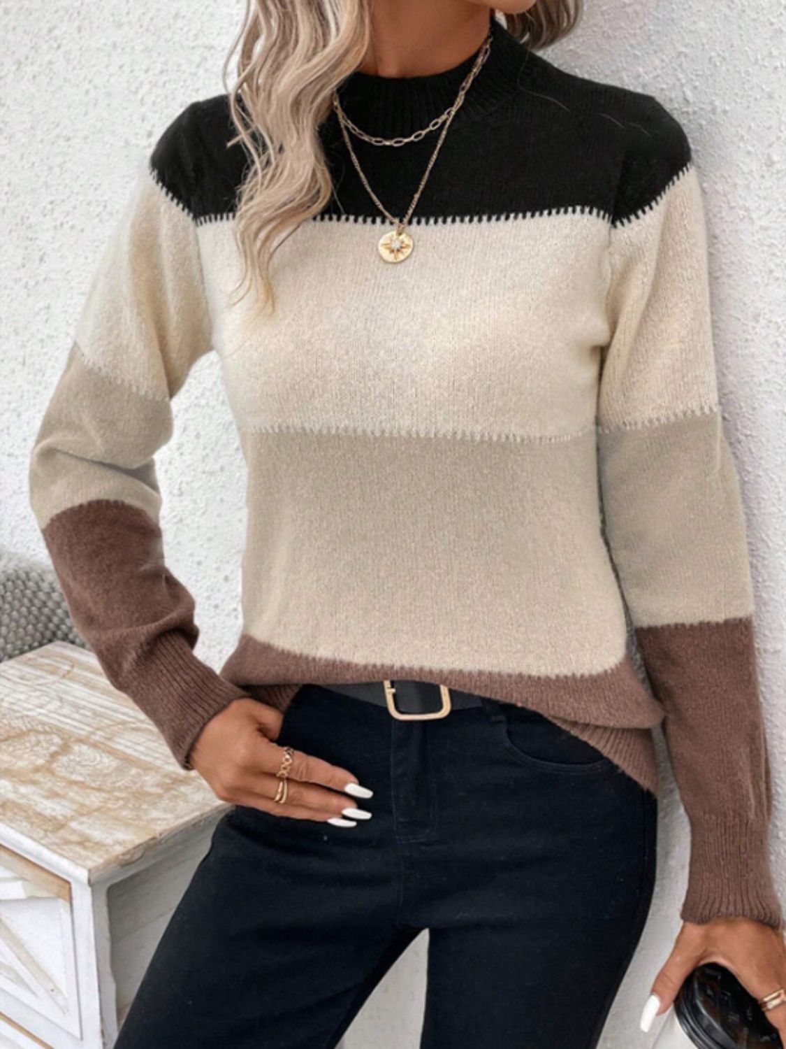 Color Block Mock Neck Long Sleeve Sweater Cream