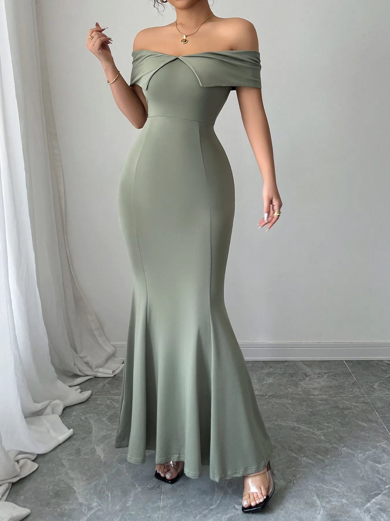 Off-Shoulder Mermaid Maxi Dress Sage