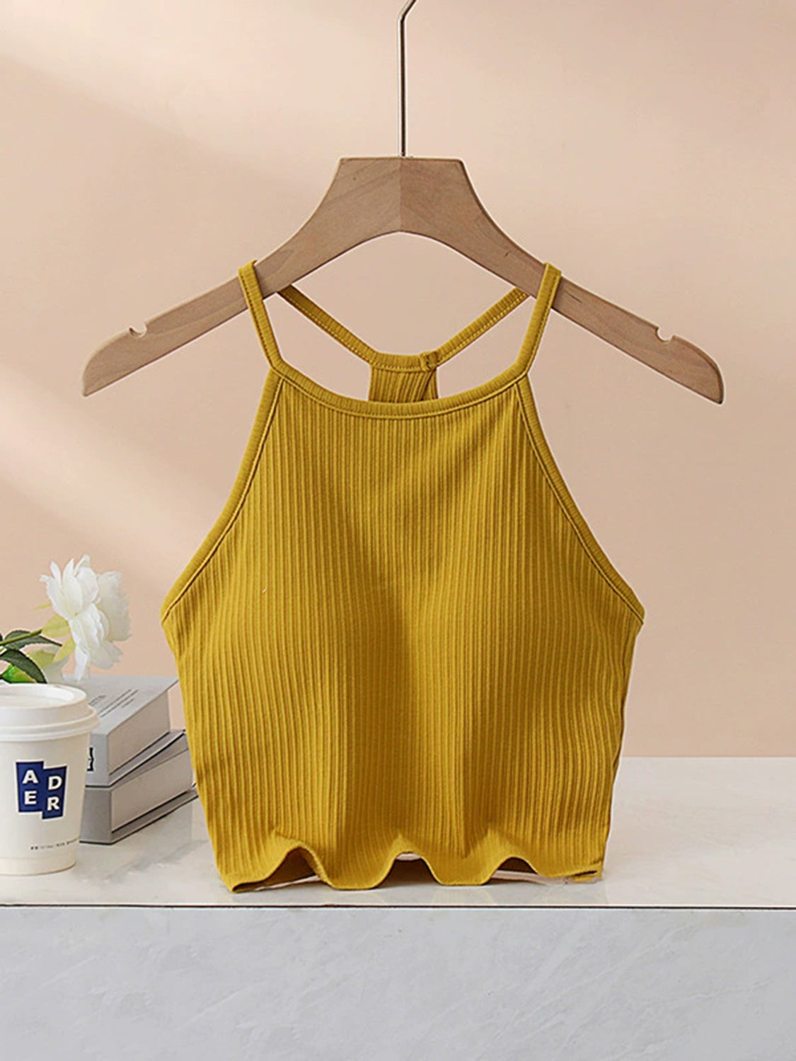 Grecian Neck Cropped Tank with Chest Pads Mustard