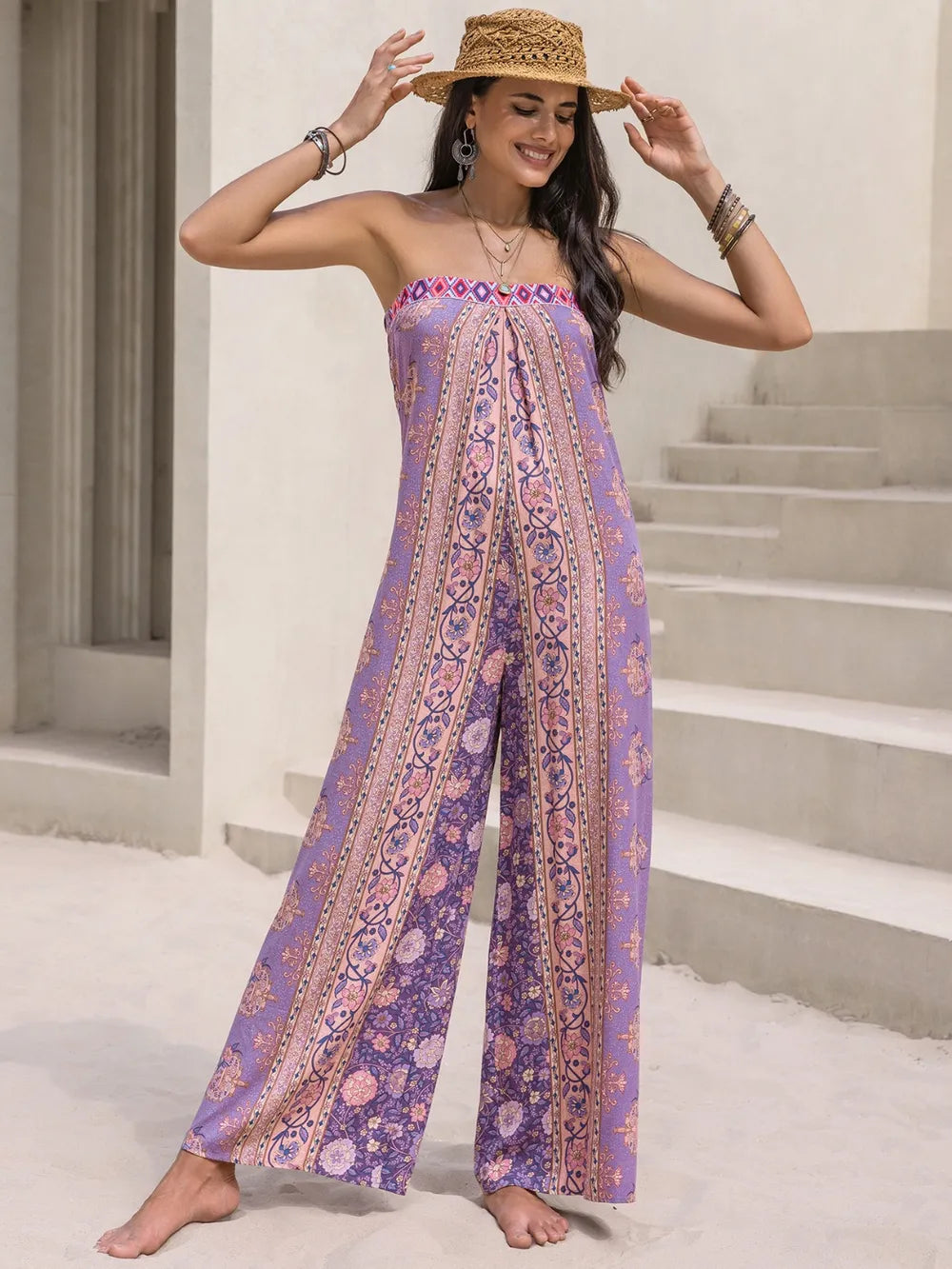 Tied Printed Tube Wide Leg Jumpsuit Lilac
