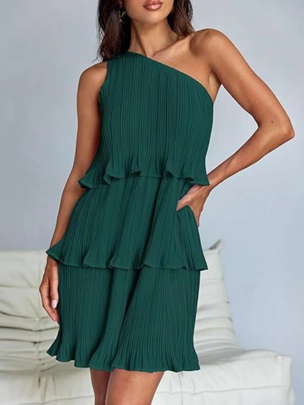 Layered Single Shoulder Mini Dress Dark Green