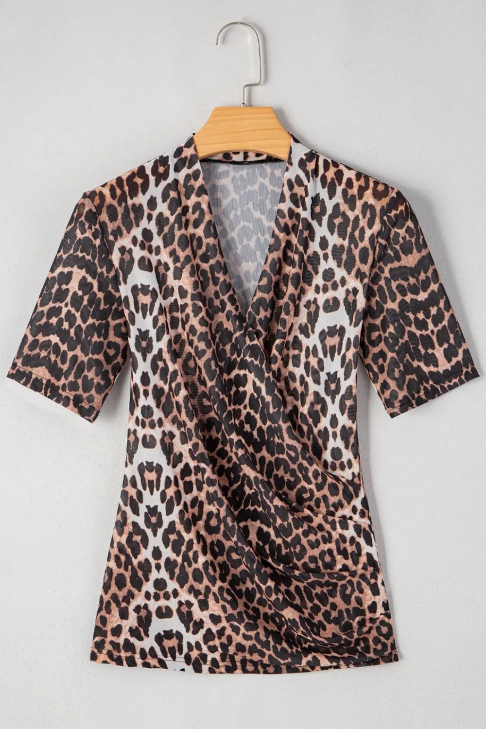 Leopard Wrapped V Neck Slim Short Sleeve Top