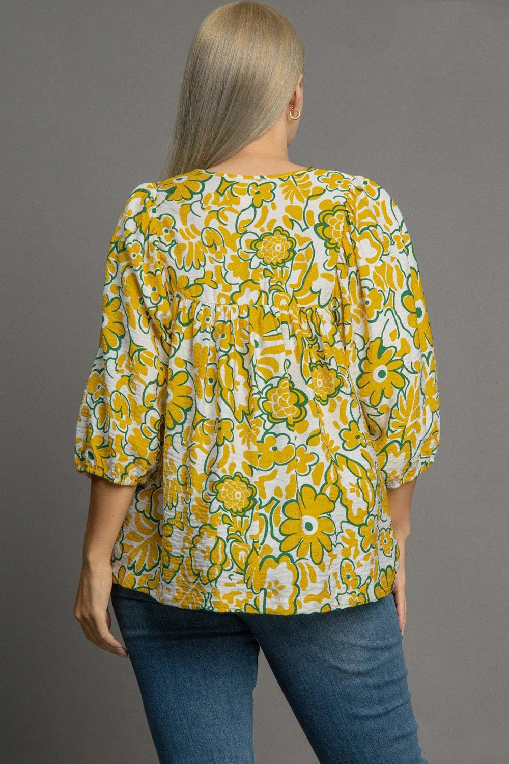 Umgee Plus Size Smocked Floral Print Tie Neck Blouse