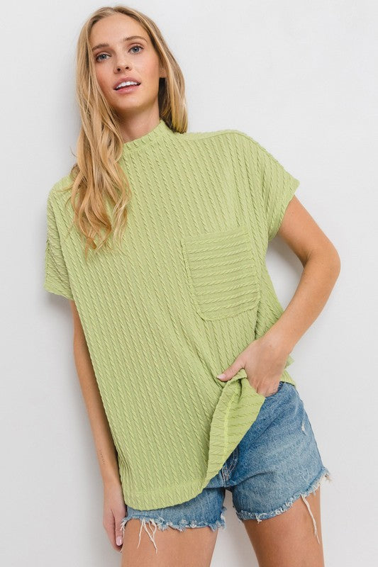 Ces Femme Texture Mock Neck Short Sleeve Knit Top