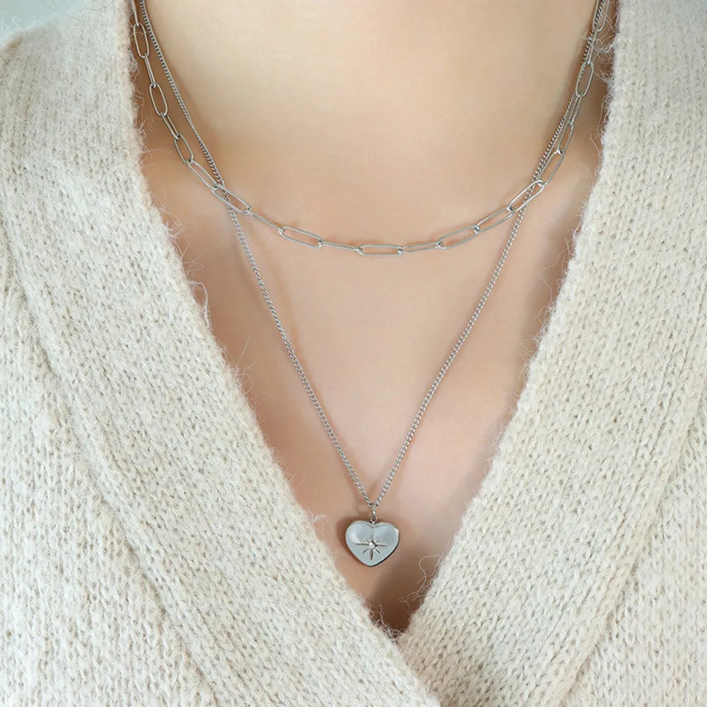Inlaid Zircon Double Layered Heart Pendant Necklace Silver One Size