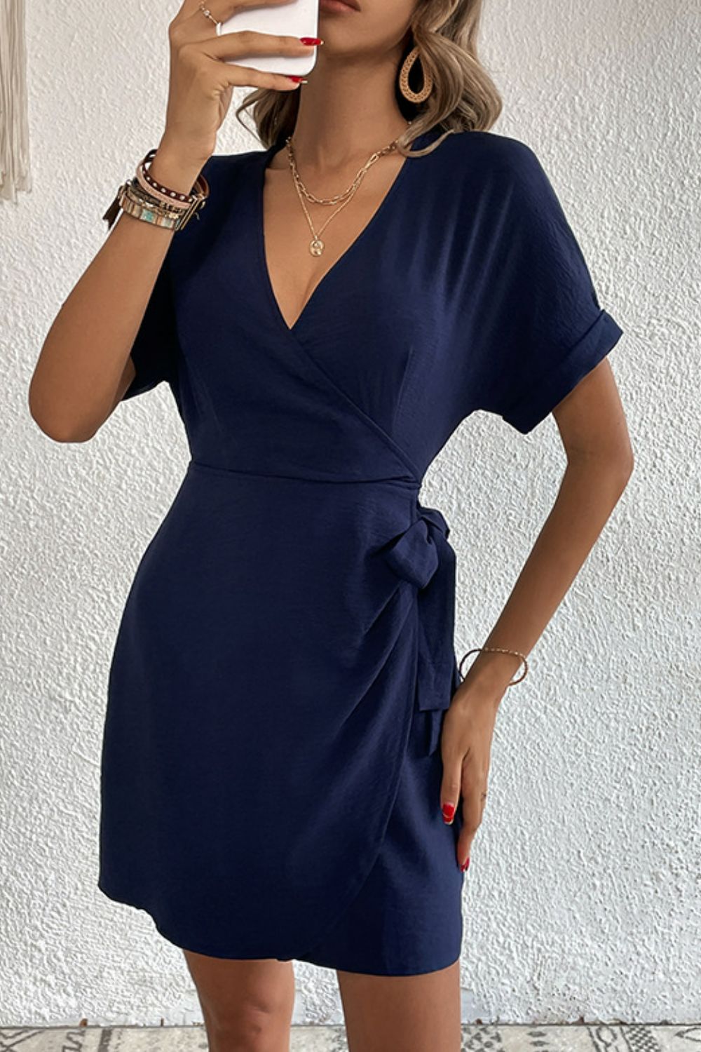 Perfee Tied Cuffed Sleeve Surplice Dress