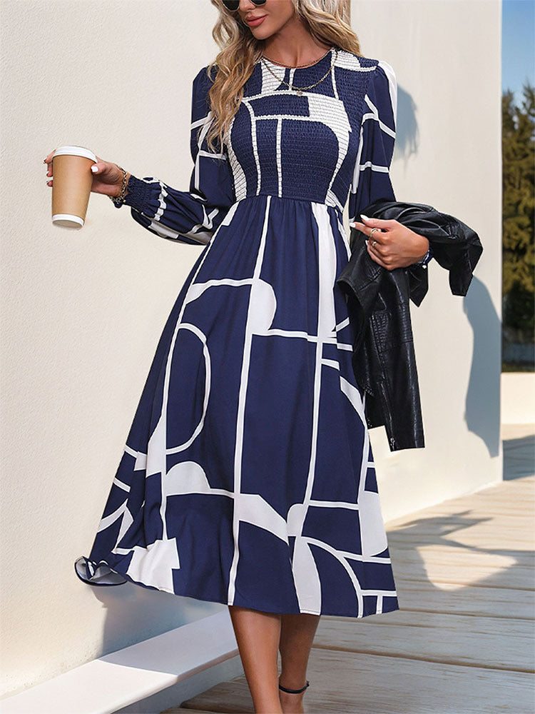 Perfee Smocked Color Block Long Sleeve Midi Dress Dark Navy