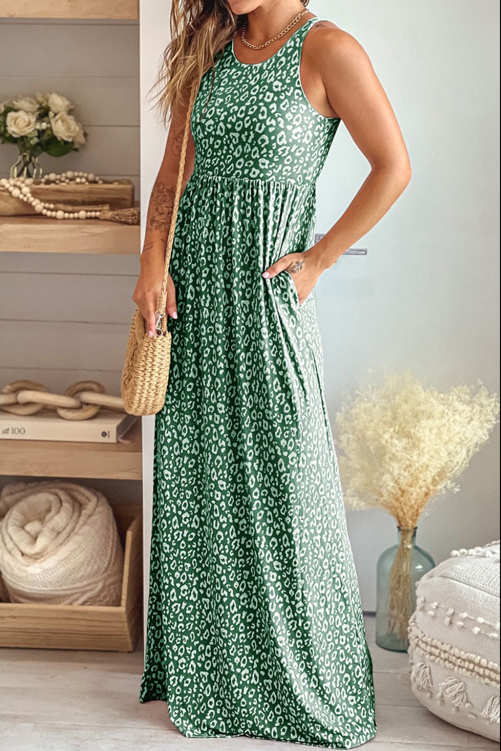 Leopard Round Neck Sleeveless Maxi Dress Sage
