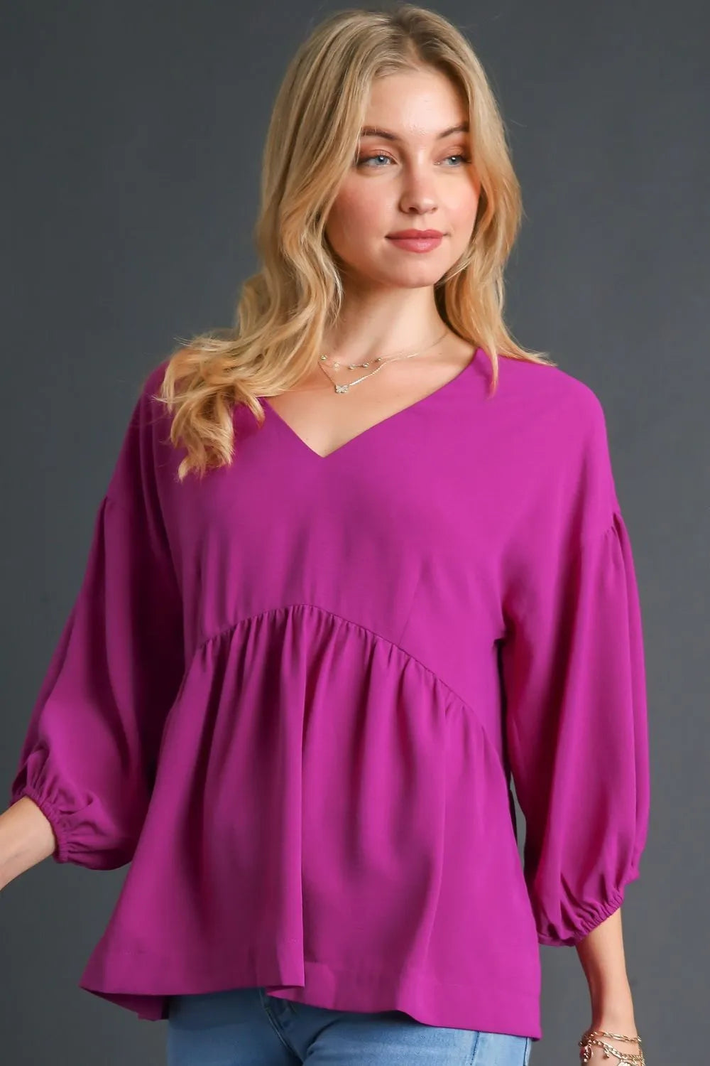 Umgee Full Size V-Neck Puffed 3/4 Sleeve Babydoll Blouse Plus Size Red-Violet