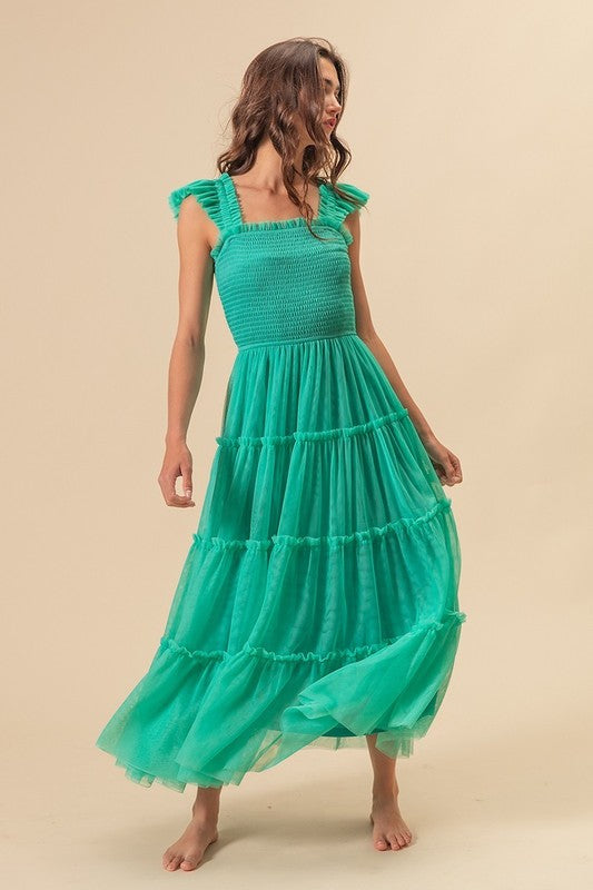 BiBi Frill Mesh Tiered Midi Dress