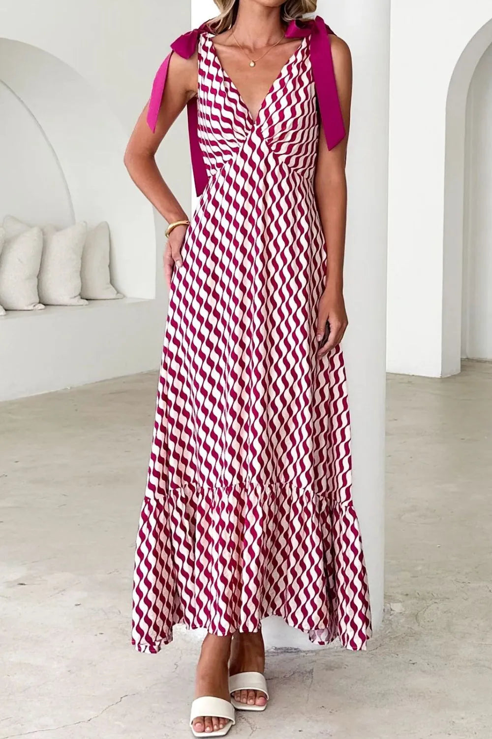 Printed V-Neck Tie Shoulder Midi Cami Dress