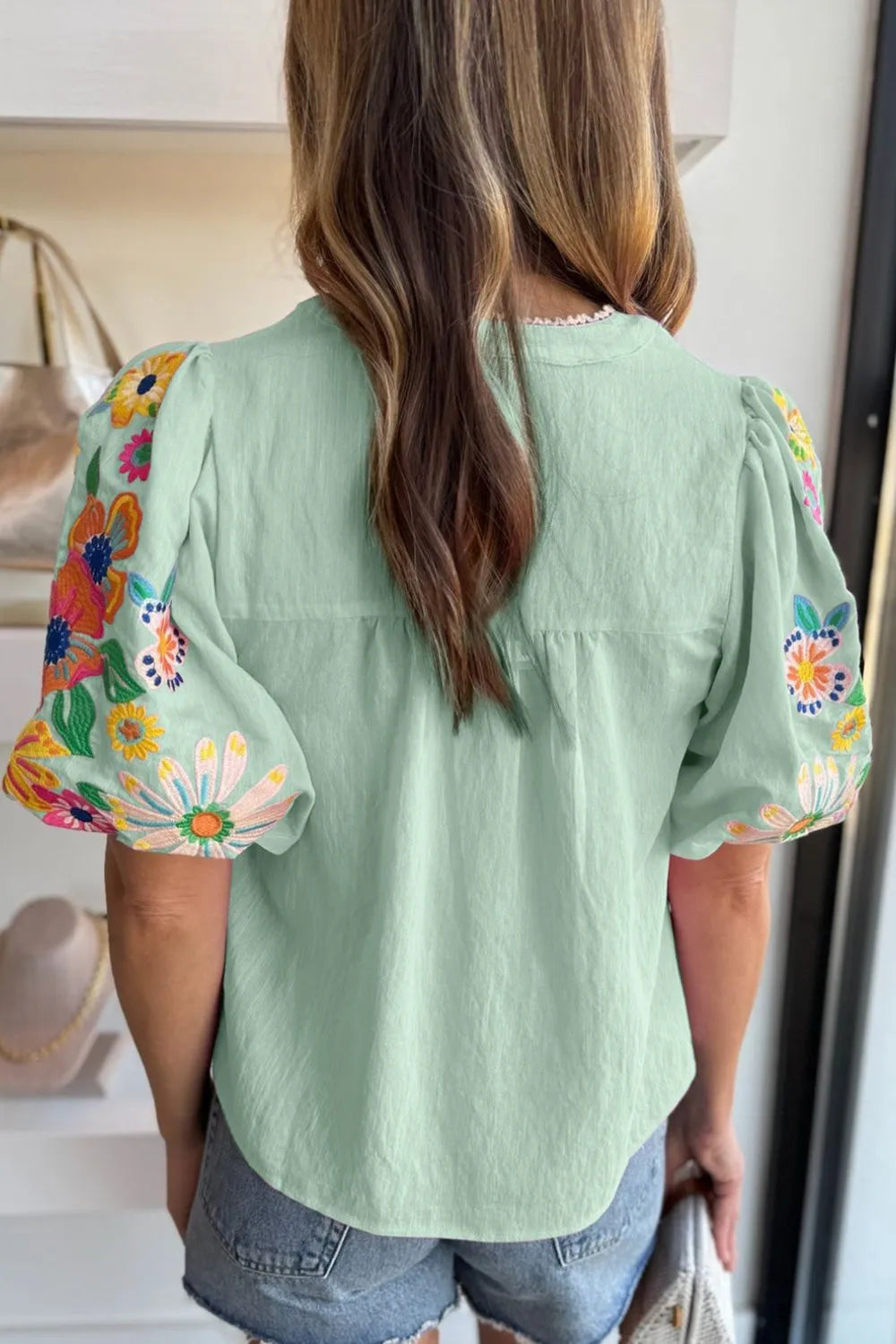 Embroidered Tie Neck Short Sleeve Blouse
