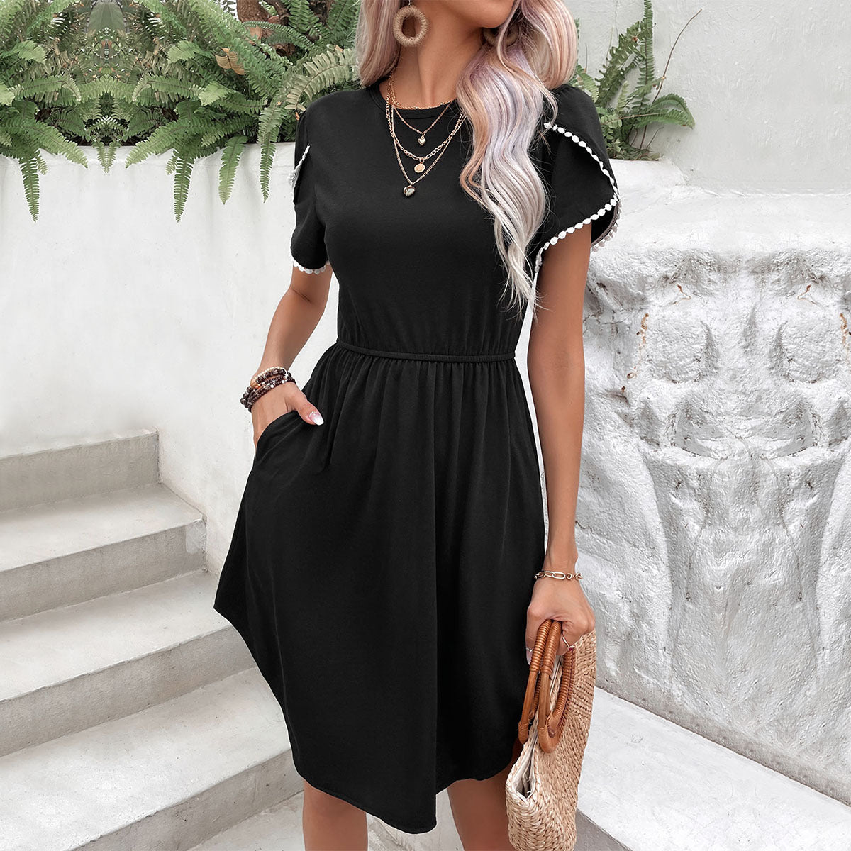 Perfee Round Neck Petal Sleeve Dress with Pockets Black XL