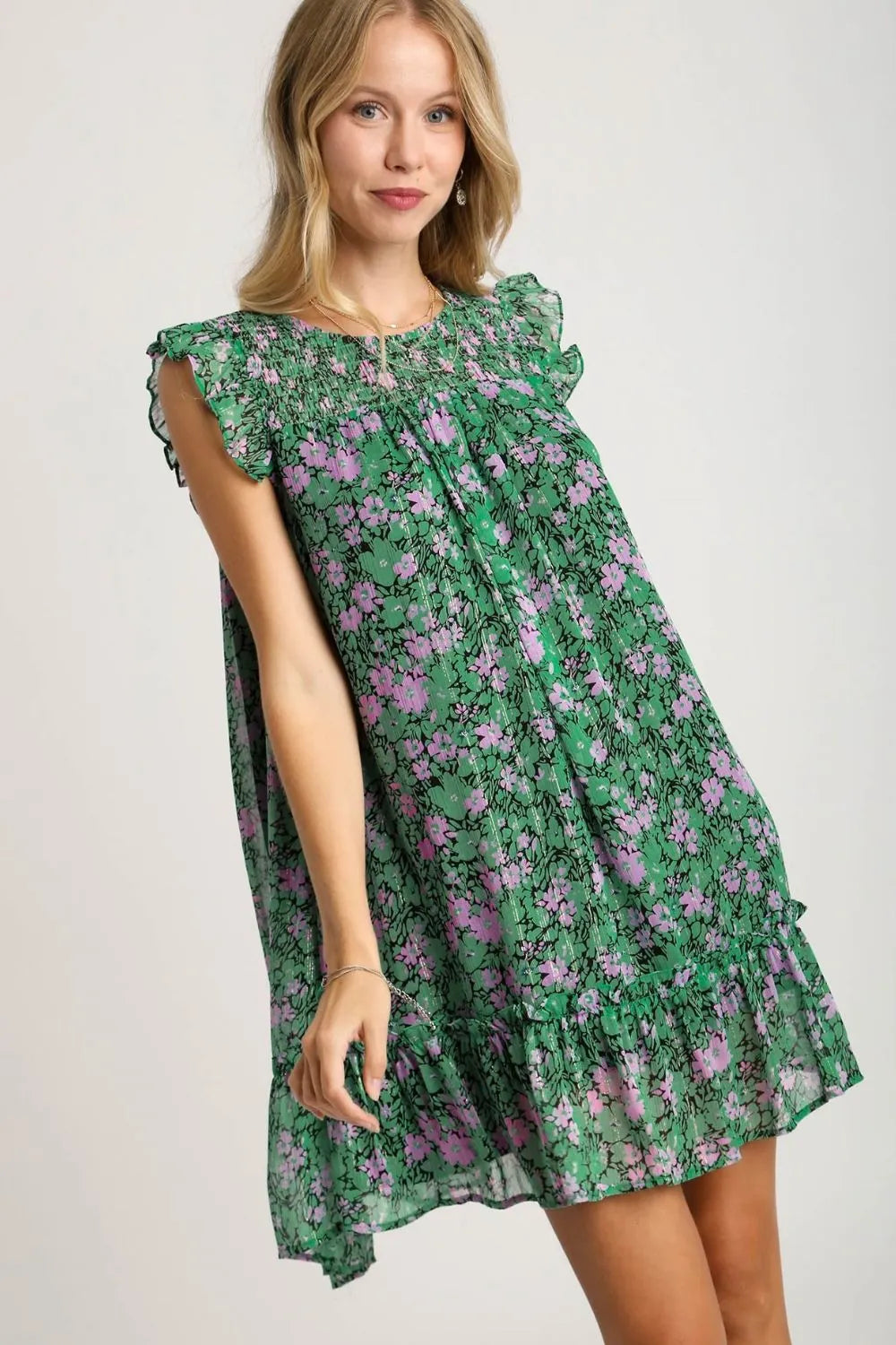 Umgee Full Size Smocked Detail Floral Metallic Ruffle Cap Sleeve Dress Plus Size Dark Green