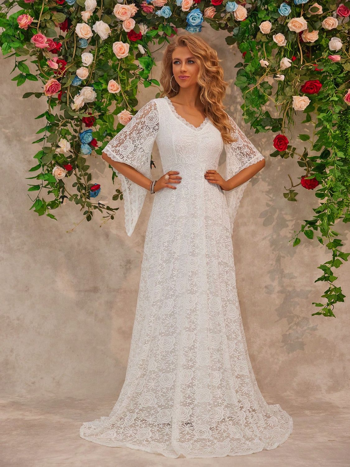 Lace V-Neck Floor length Dress White