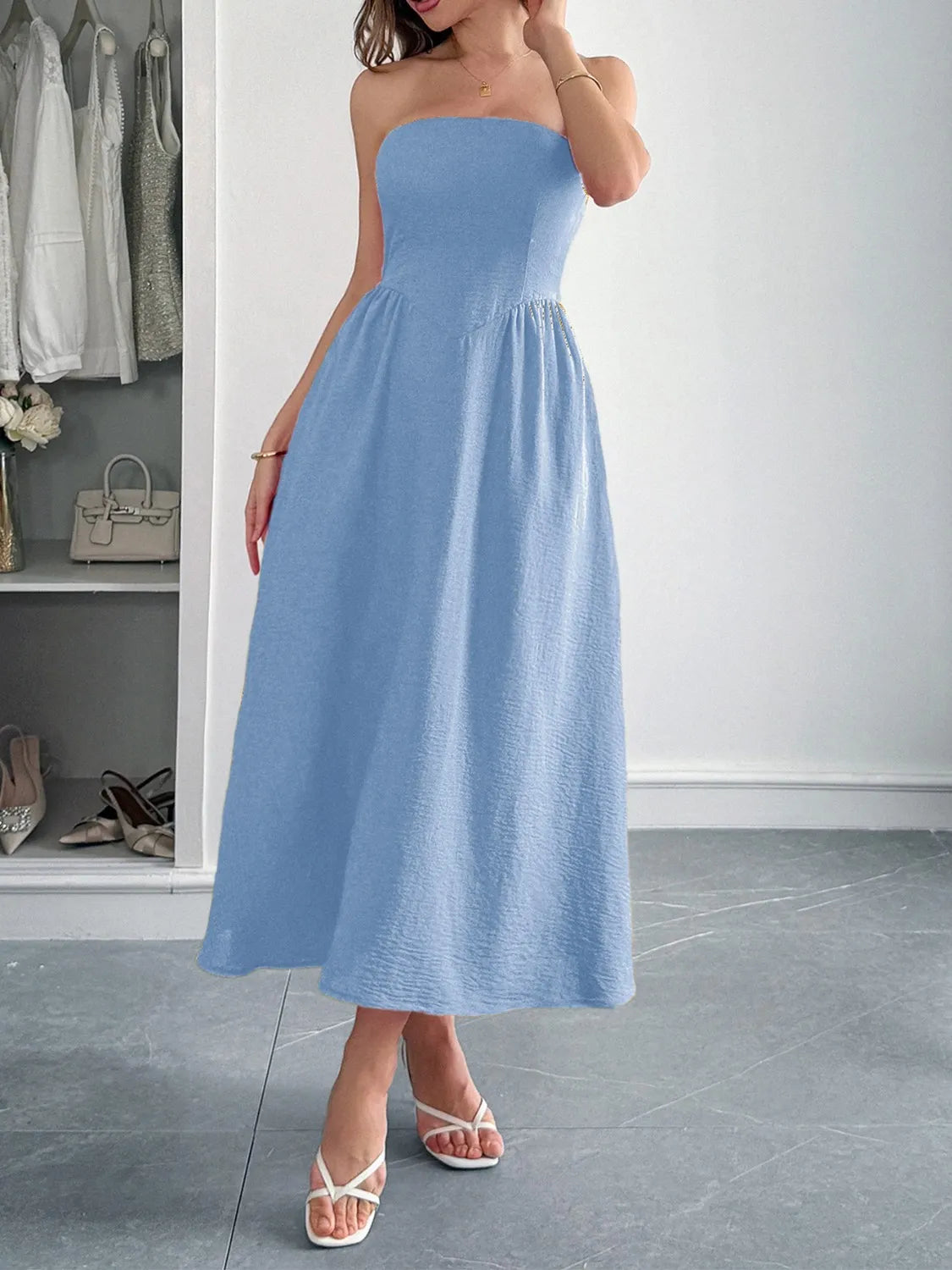 Strapless A-Line Midi Dress with Pockets Light Blue
