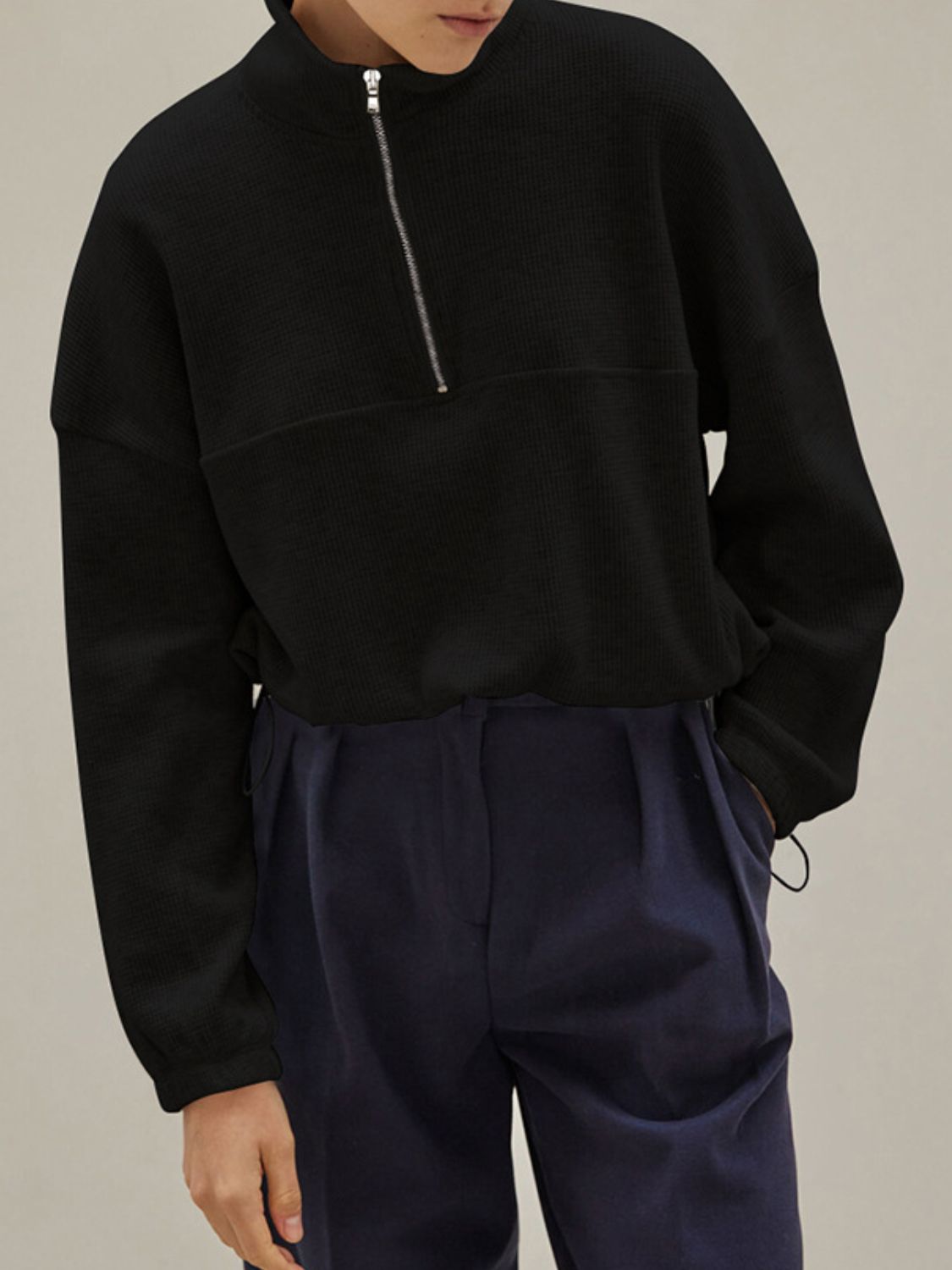 Waffle Knit Drawstring Half Zip Long Sleeve Sweatshirt Black