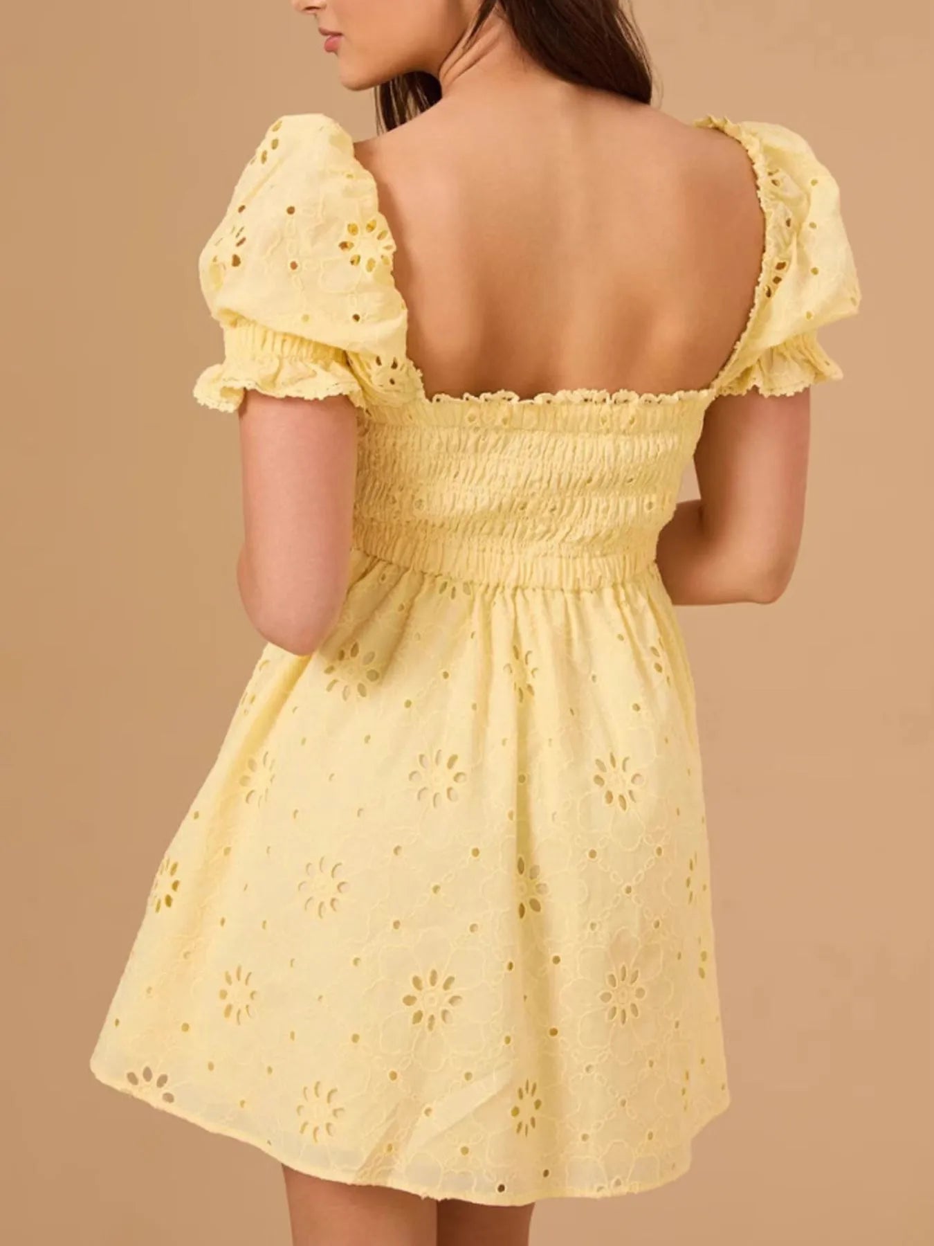 Eyelet Puff Sleeve Smocked Mini Dress