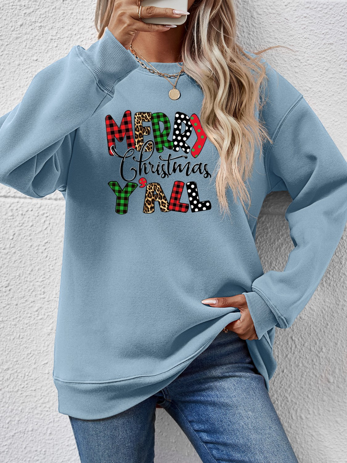 Letter Graphic Round Neck Long Sleeve Sweatshirt Misty Blue