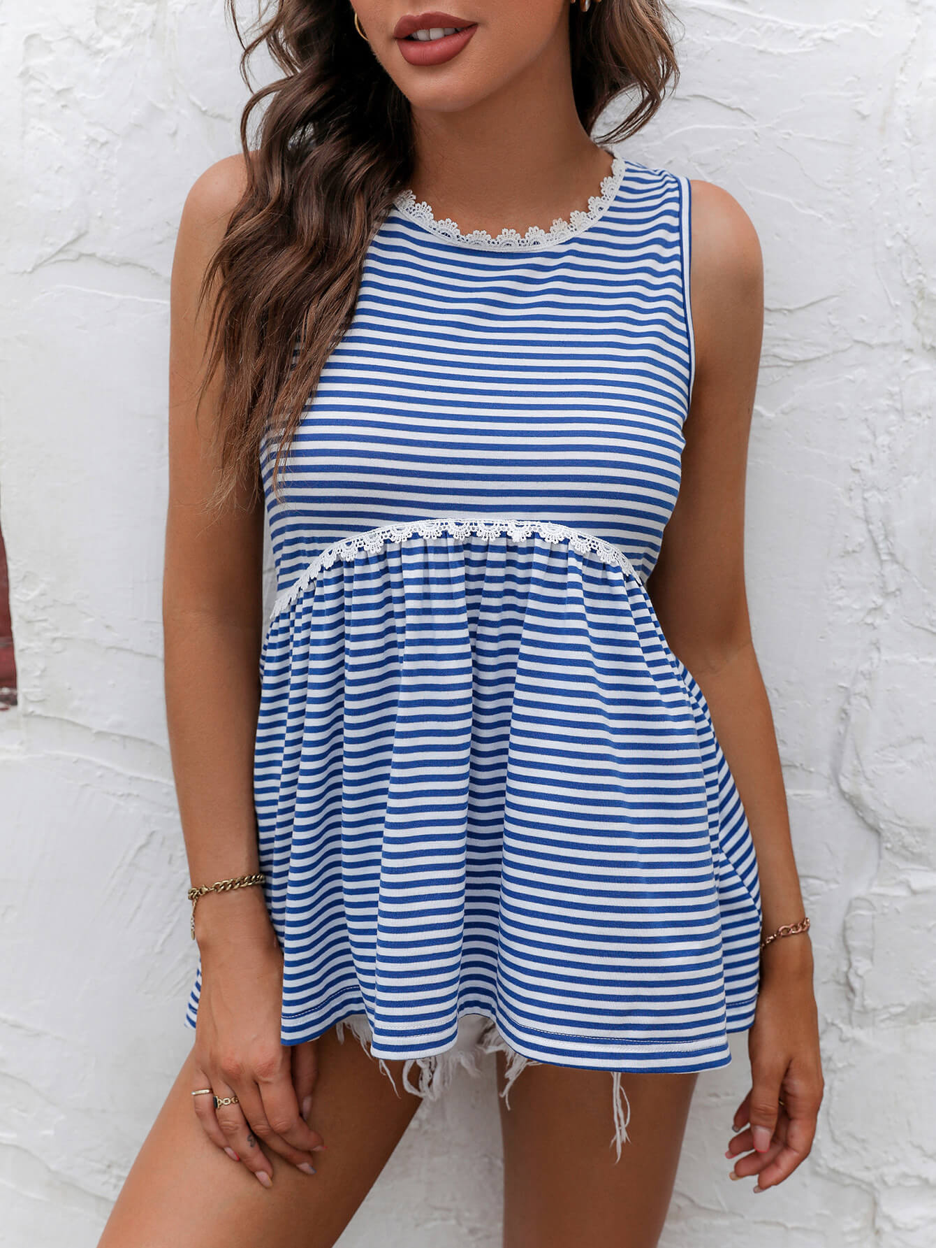 Ivy Lane Striped Lace Trim Round Neck Tank Blue
