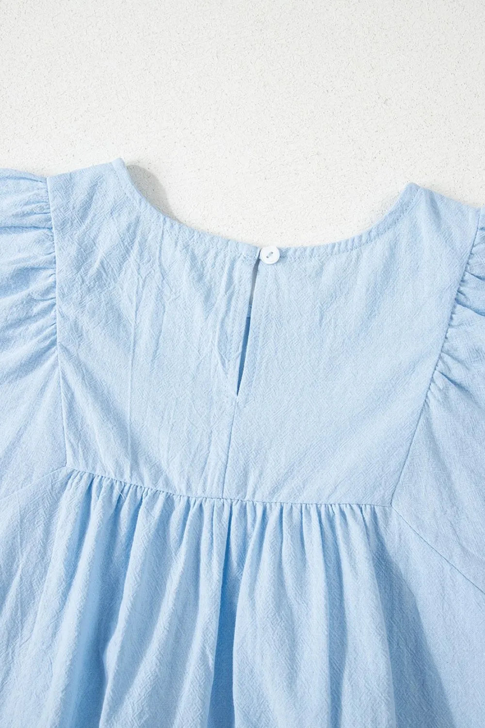Solid Color Embroidered Scalloped Sleeves Crew Neck Blouse