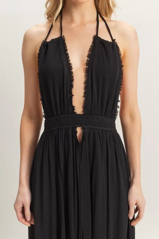 HYFVE Halter Neck Fitted Waist Flowy Maxi Dress