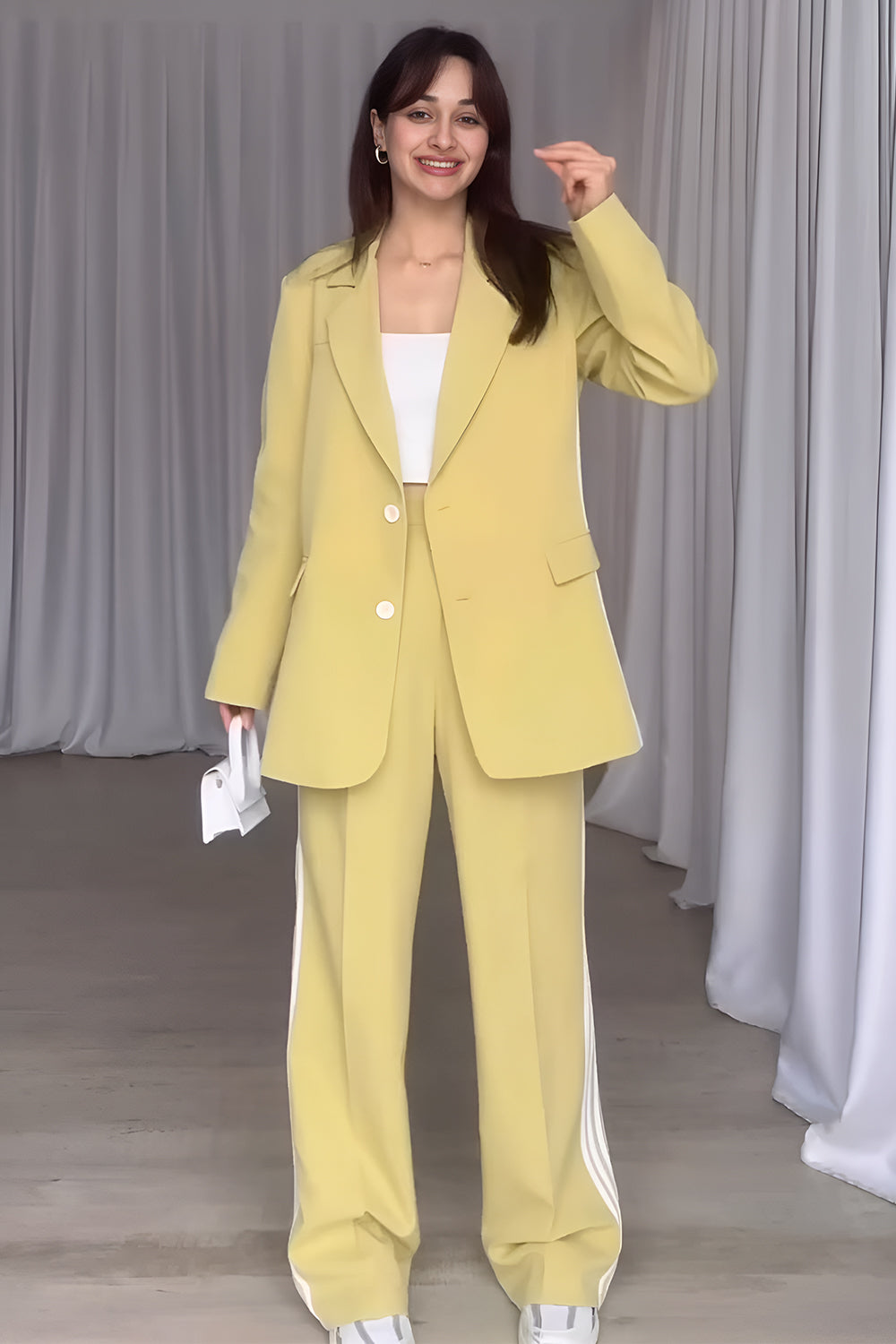 Side Striped Long Sleeve Blazer and Pants Set Pastel Yellow