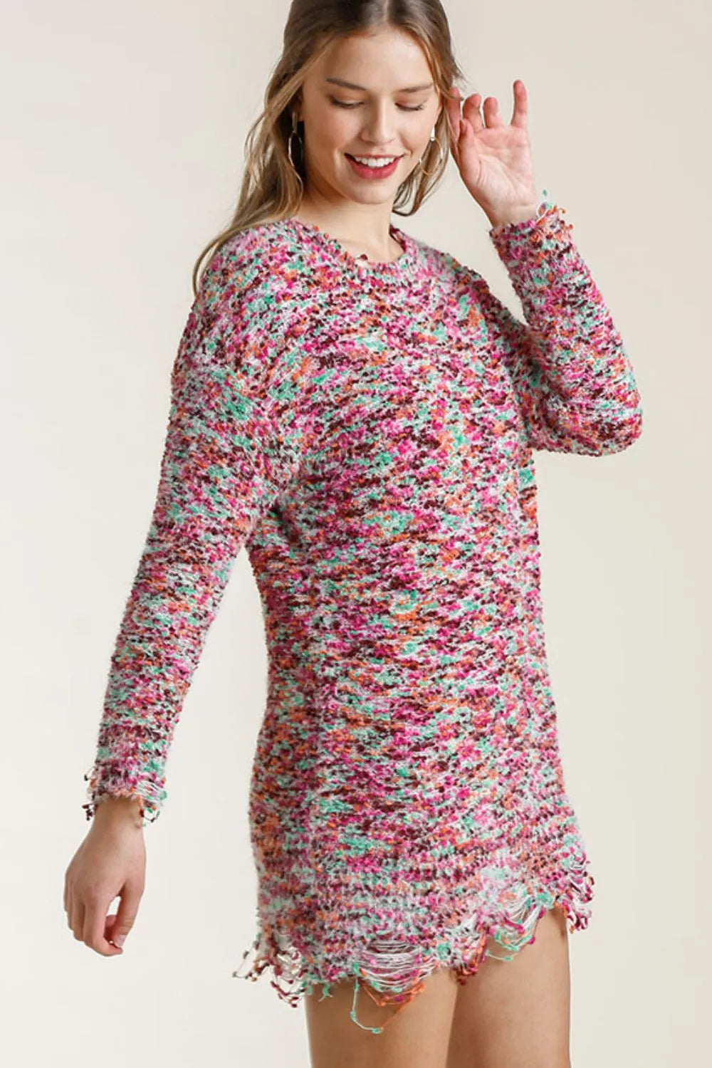 Umgee Full Size Distressed Hem Multicolored Round Neck Knit Tunic Dress Plus Size