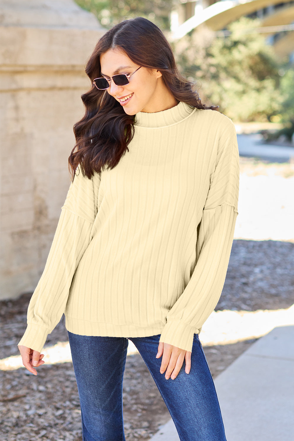 Basic Bae Full Size Ribbed Exposed Seam Mock Neck Knit Top Light Yellow