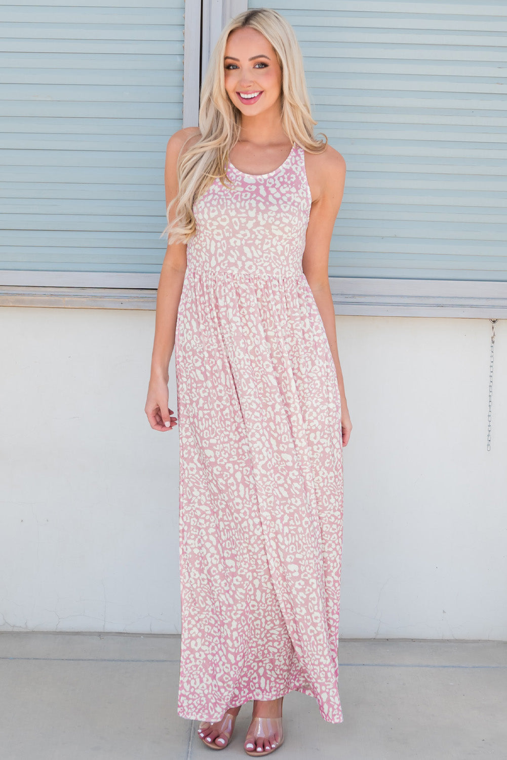 Leopard Round Neck Sleeveless Maxi Dress Blush Pink