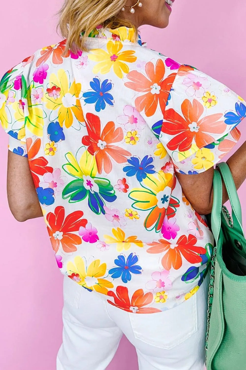 Ruffled Printed Notched Cap Sleeve Blouse