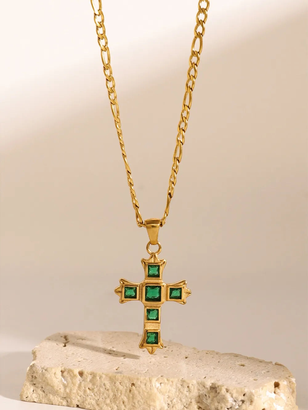 Stainless Steel Zircon Cross Pendant Necklace Green One Size
