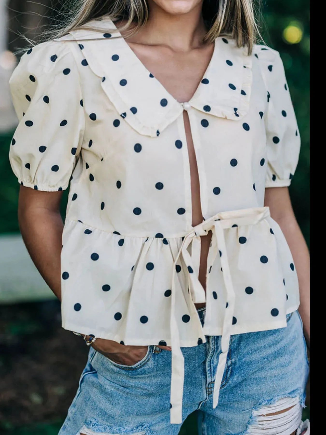 Polka Dot Collared Puff Sleeve Peplum Top