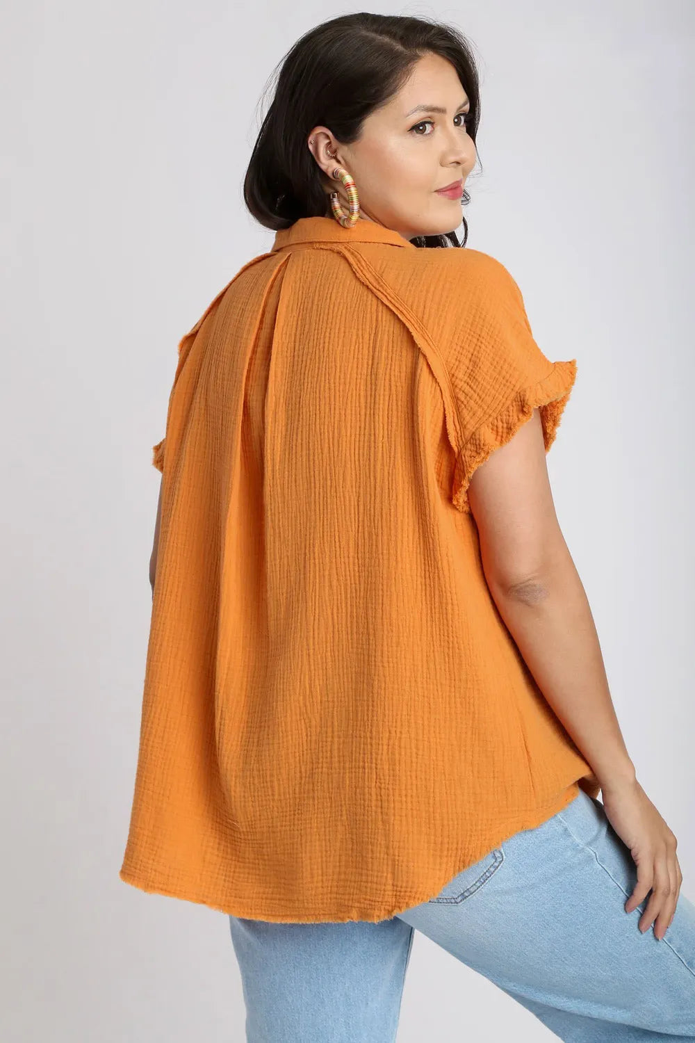 Umgee Full Size Frayed Hem Collared Neck Short Sleeve Shirt Plus Size