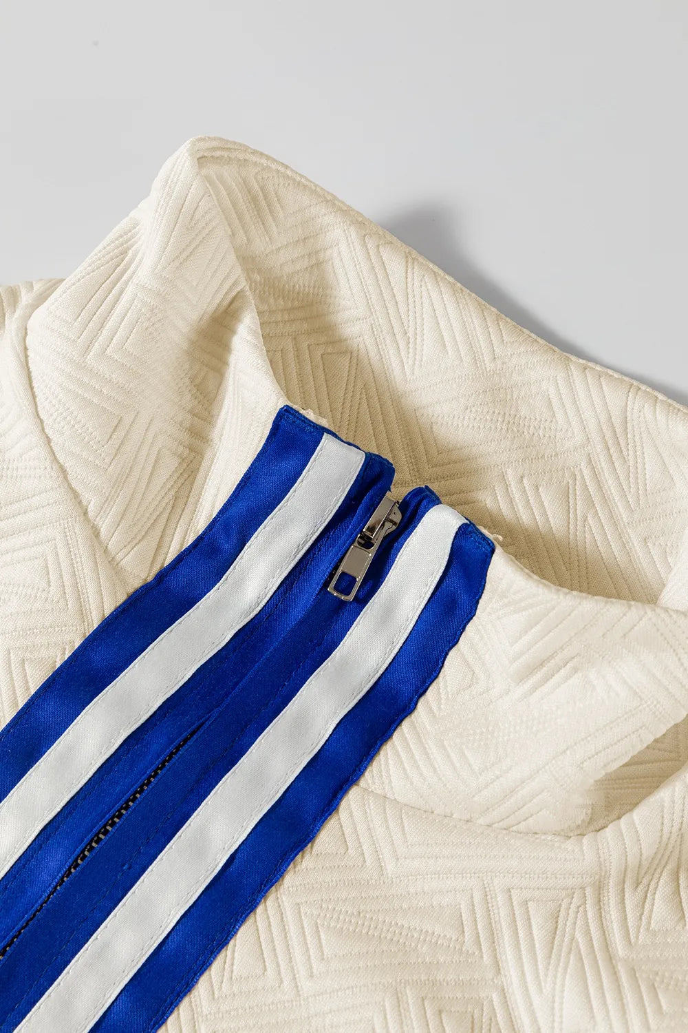 Striped Trim Textured Quarter Zipper Short Sleeve Top