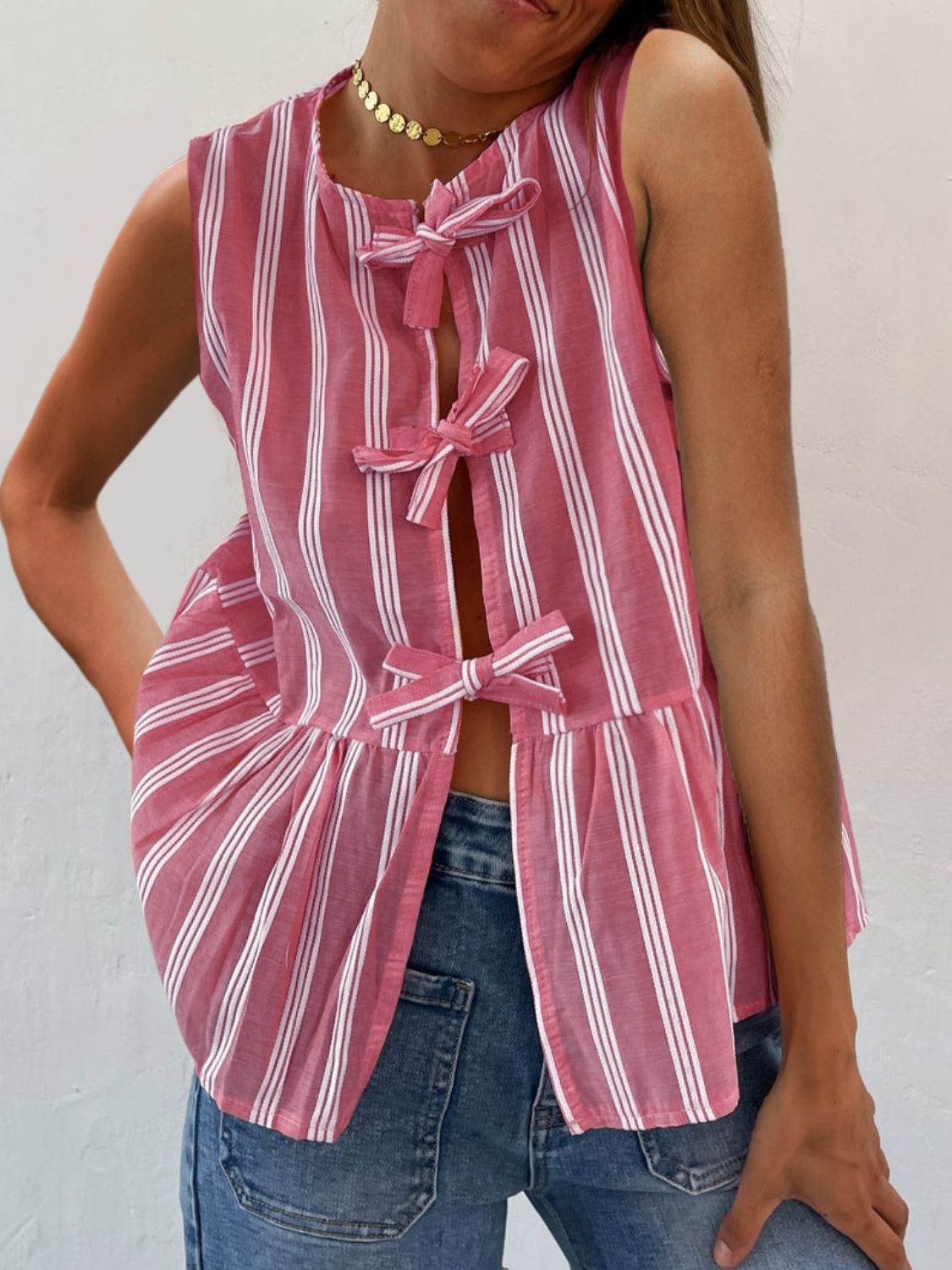 Tied Striped Round Neck Tank Fuchsia Pink