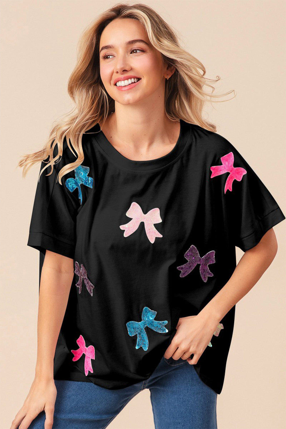 BiBi Sequin Bow Patch Short Sleeve T-Shirt Black