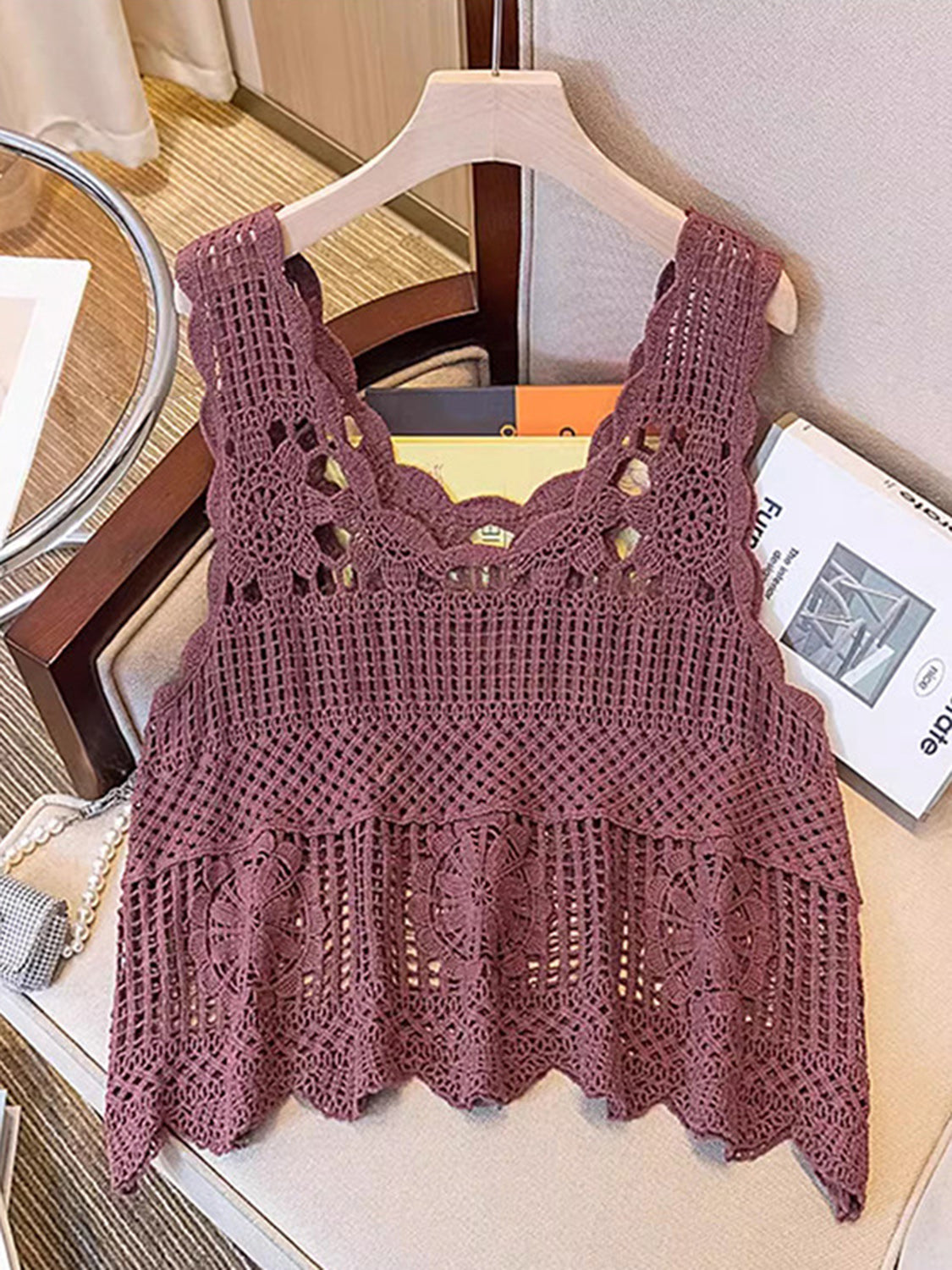 Openwork Scoop Neck Tank Deep Purple One Size