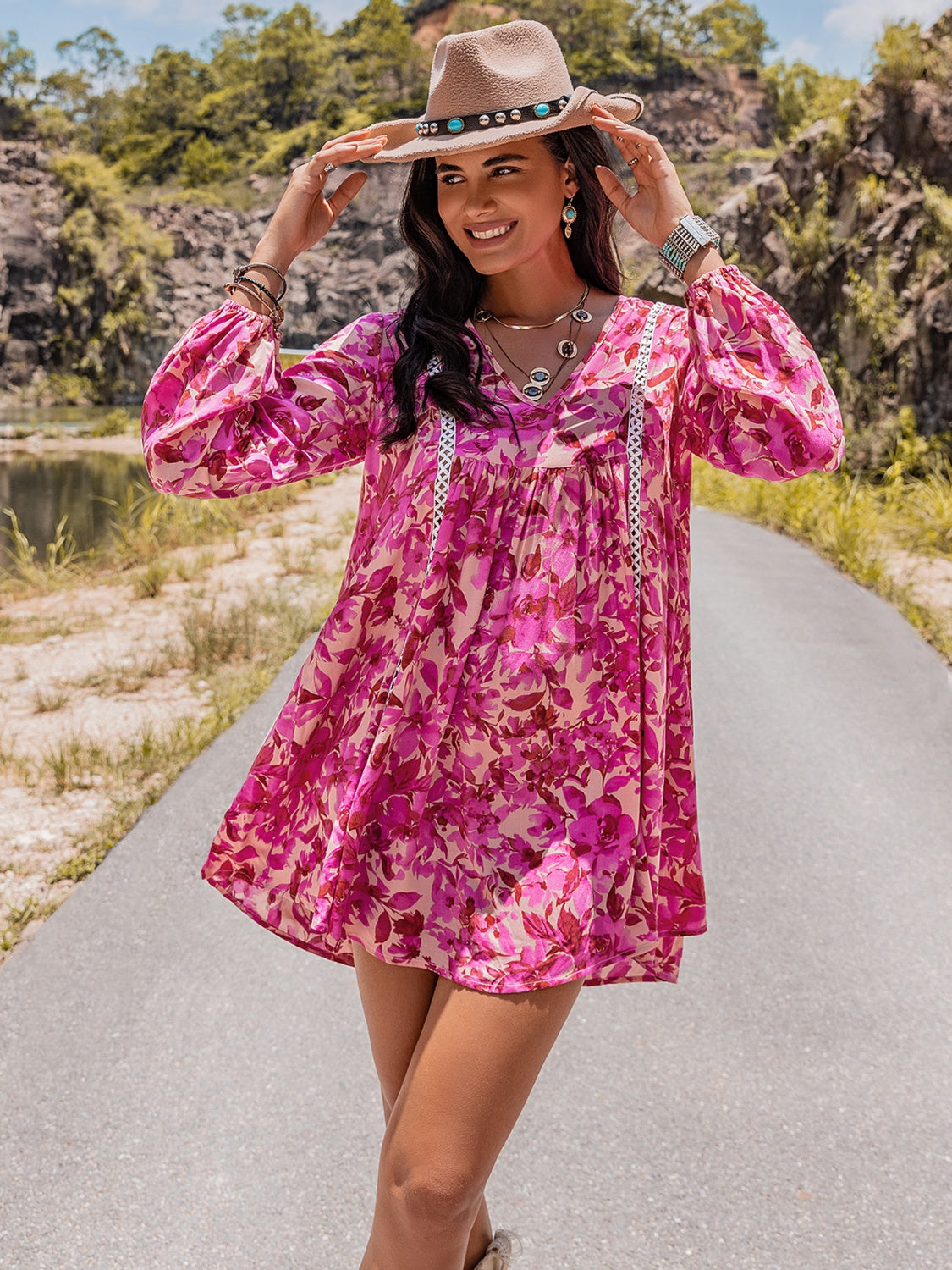Long Sleeve V-Neck Mini Dress Hot Pink