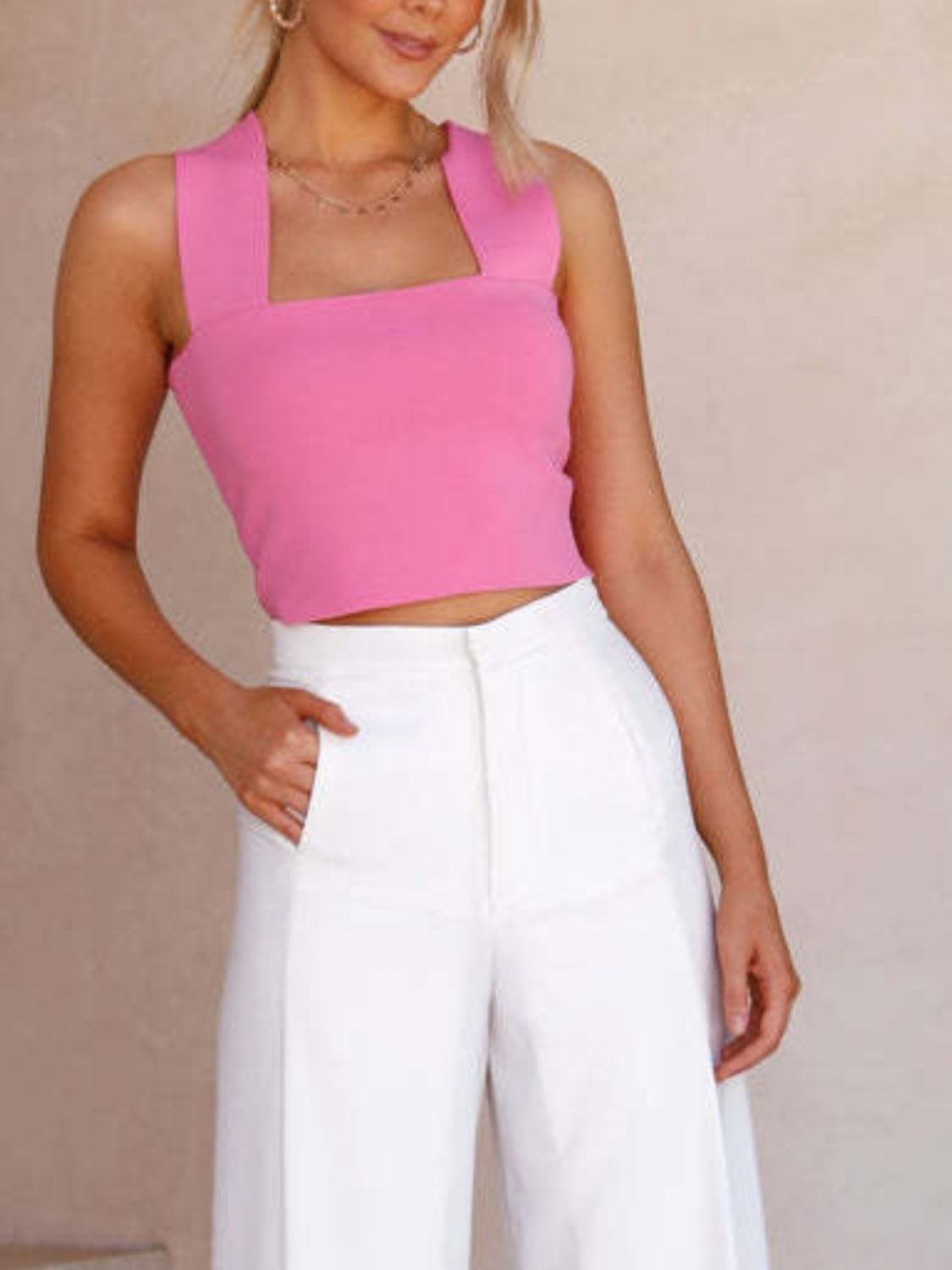 Square Neck Wide Strap Tank Hot Pink
