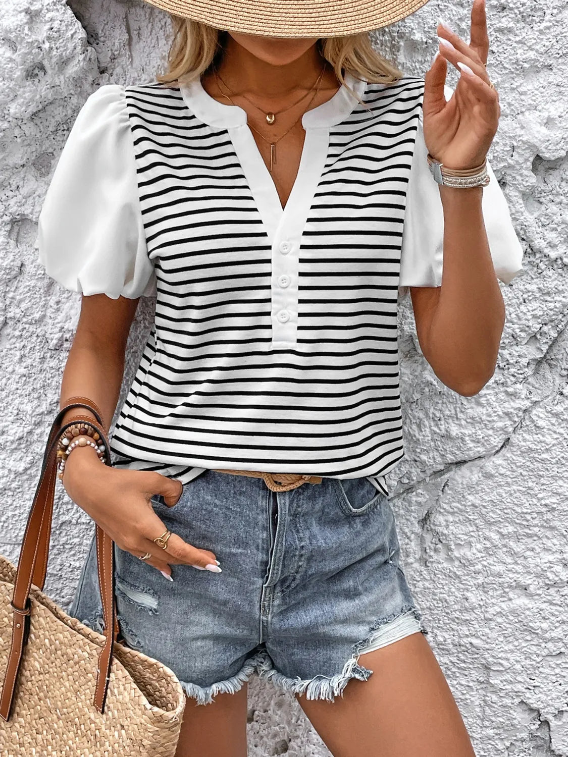 Striped Notched Short Sleeve T-Shirt Black White