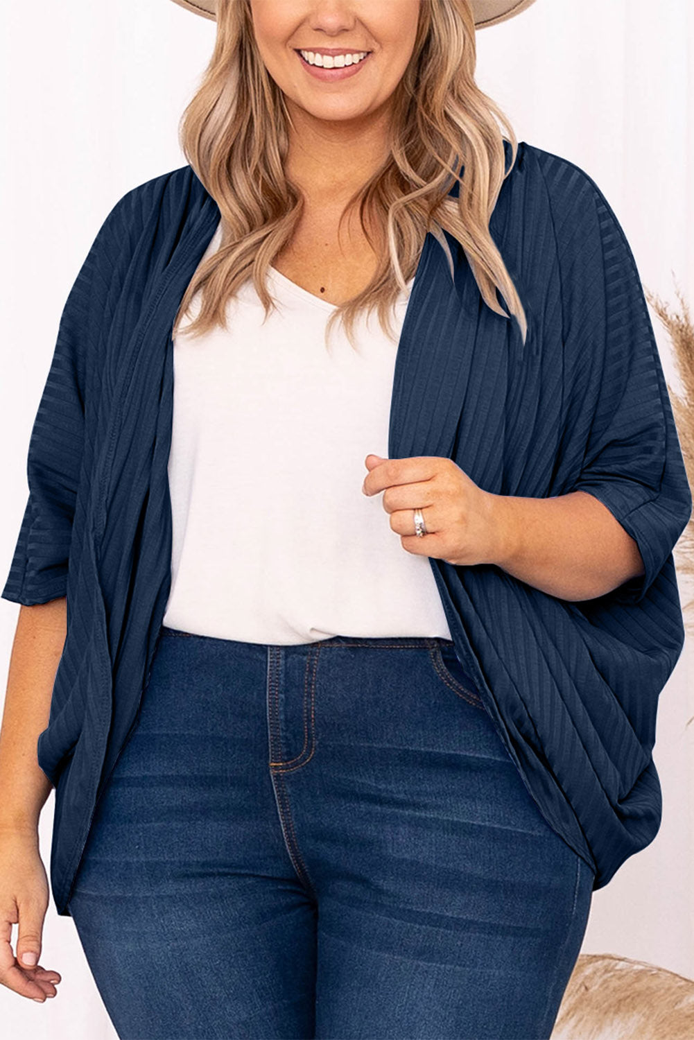 Plus Size Ribbed Cocoon Cover Up Dark Blue