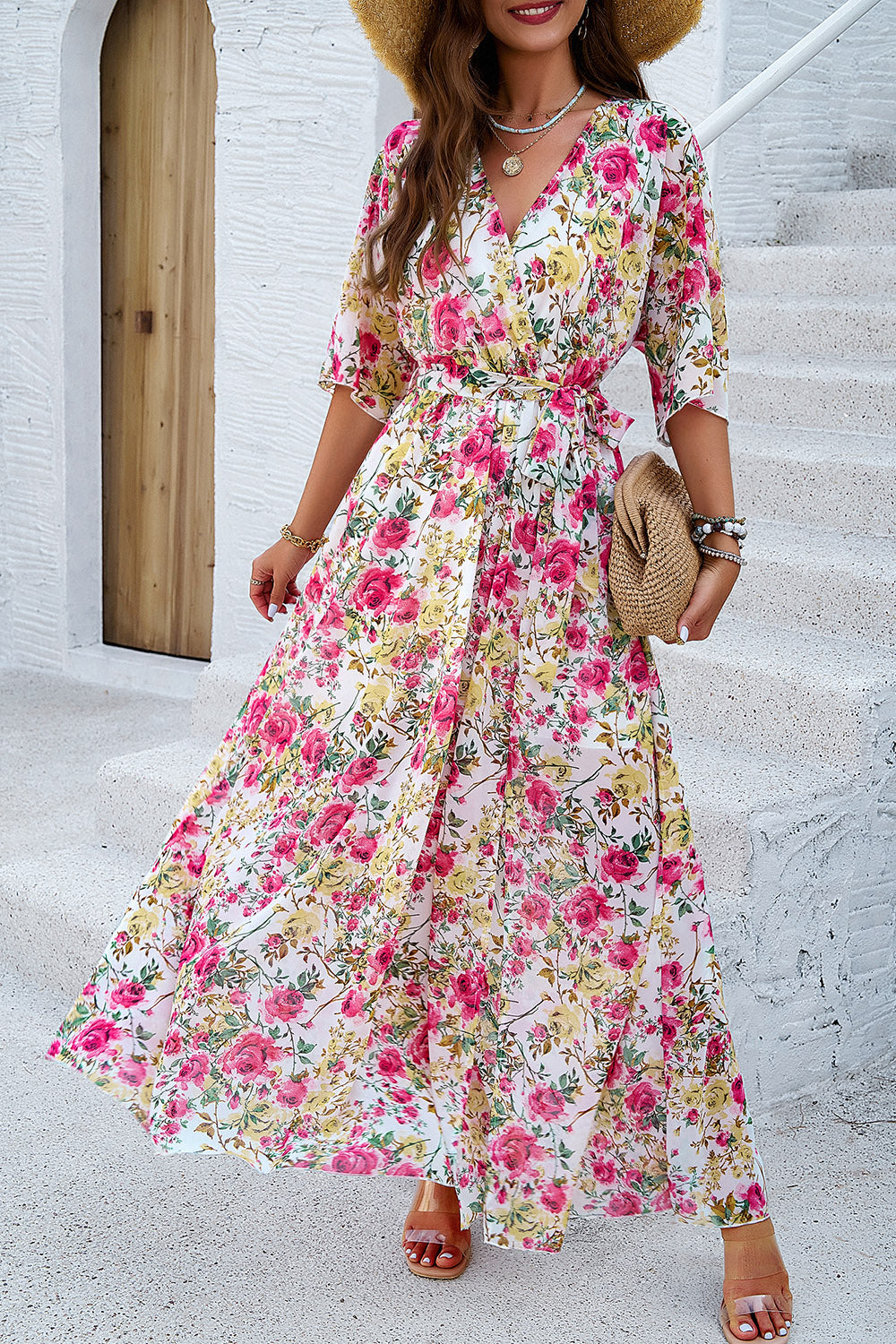 Devine Printed Tied Half Sleeve Slit Dress White